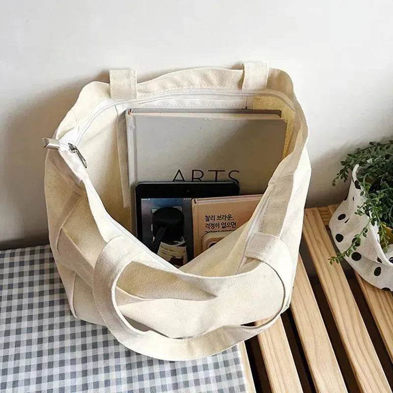 Preppy Style Canvas Handbags Women's Solid Color Simple Large Capacity Daily Shoulder Bag Multiple Pockets Shopping Bags Girls Students Tote Handbag. - Velora