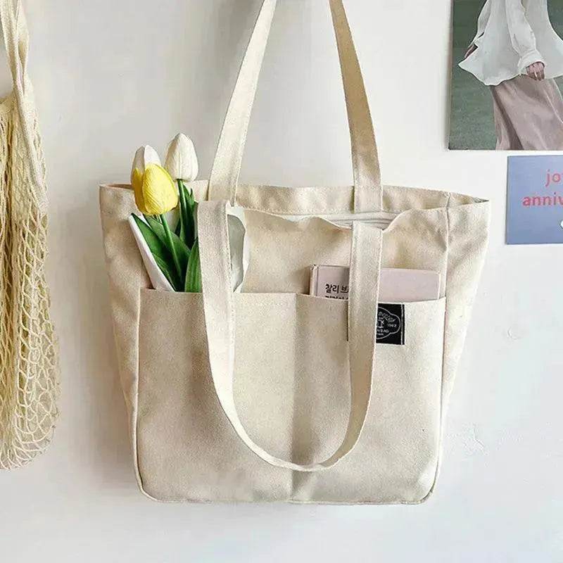 Preppy Style Canvas Handbags Women's Solid Color Simple Large Capacity Daily Shoulder Bag Multiple Pockets Shopping Bags Girls Students Tote Handbag. - Velora