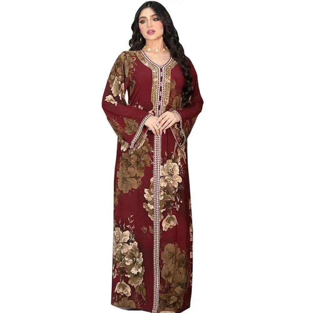 Printed Embroidered Elegant Arab Dubai Turkey Middle Eastern Sophisticated Women Abaya Dress Robe - Velora