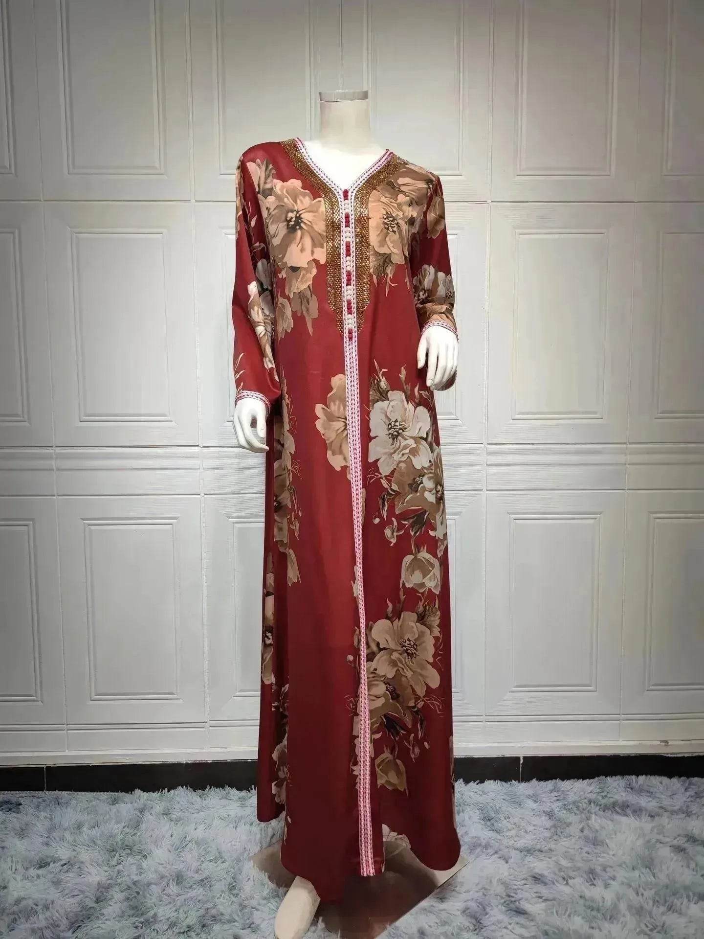 Printed Embroidered Elegant Arab Dubai Turkey Middle Eastern Sophisticated Women Abaya Dress Robe - Velora