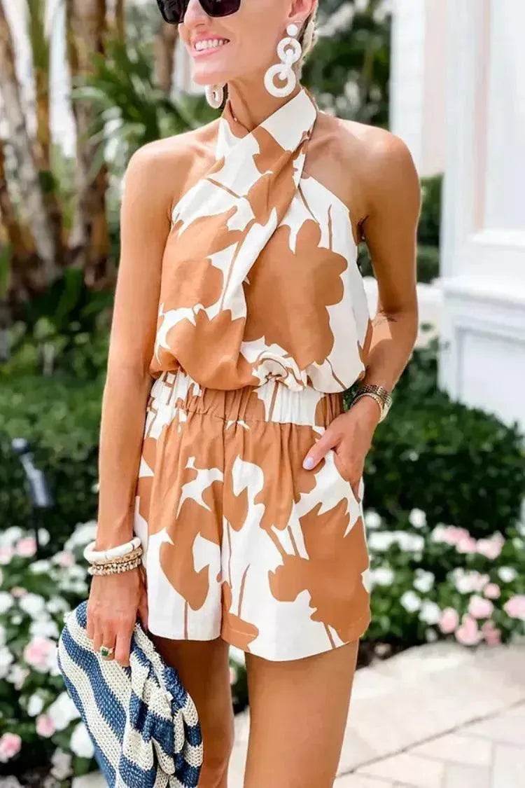 Printed Lace Up Backless Top Pocket Shorts Two-piece Suit For Women - Velora