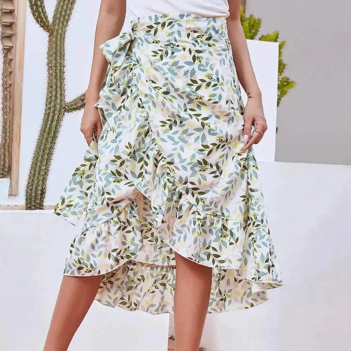 Printed Lace Up Split Expansion Midi Floral Skirt With Lining - Velora