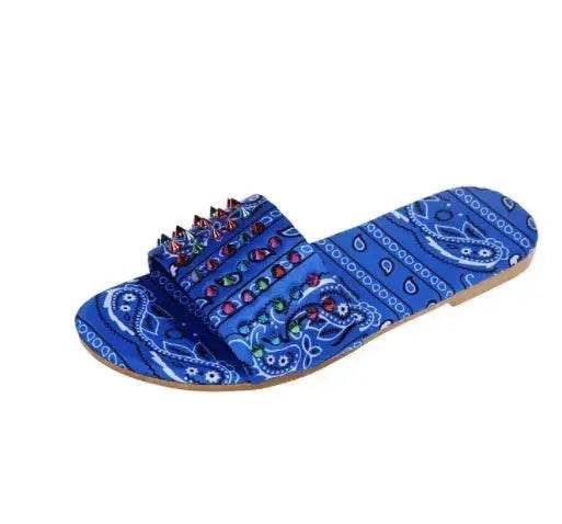 Printed Toe Flat Rivet Casual Slippers - Velora