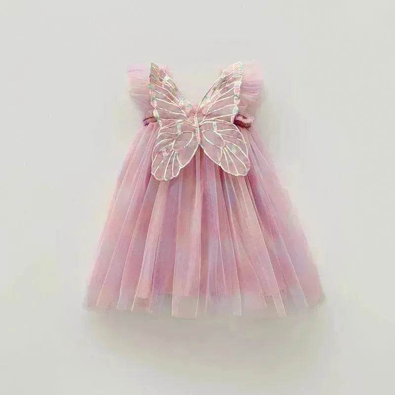 Rainbow Butterfly Wings Mesh Girl Dress - Velora