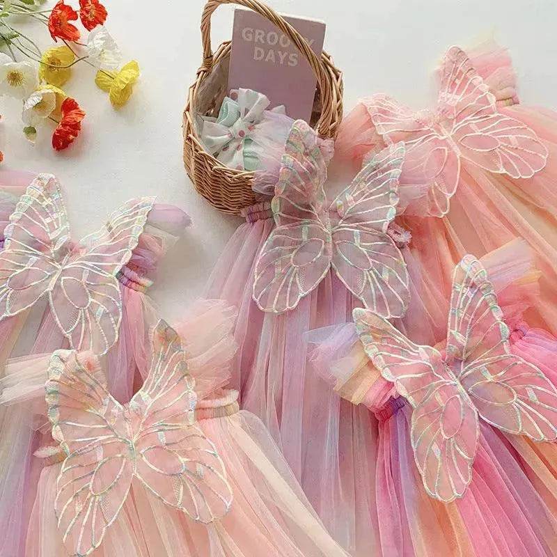 Rainbow Butterfly Wings Mesh Girl Dress - Velora