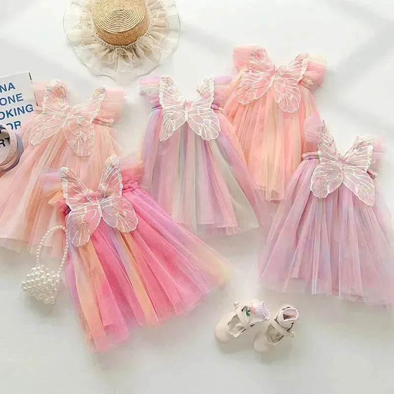 Rainbow Butterfly Wings Mesh Girl Dress - Velora