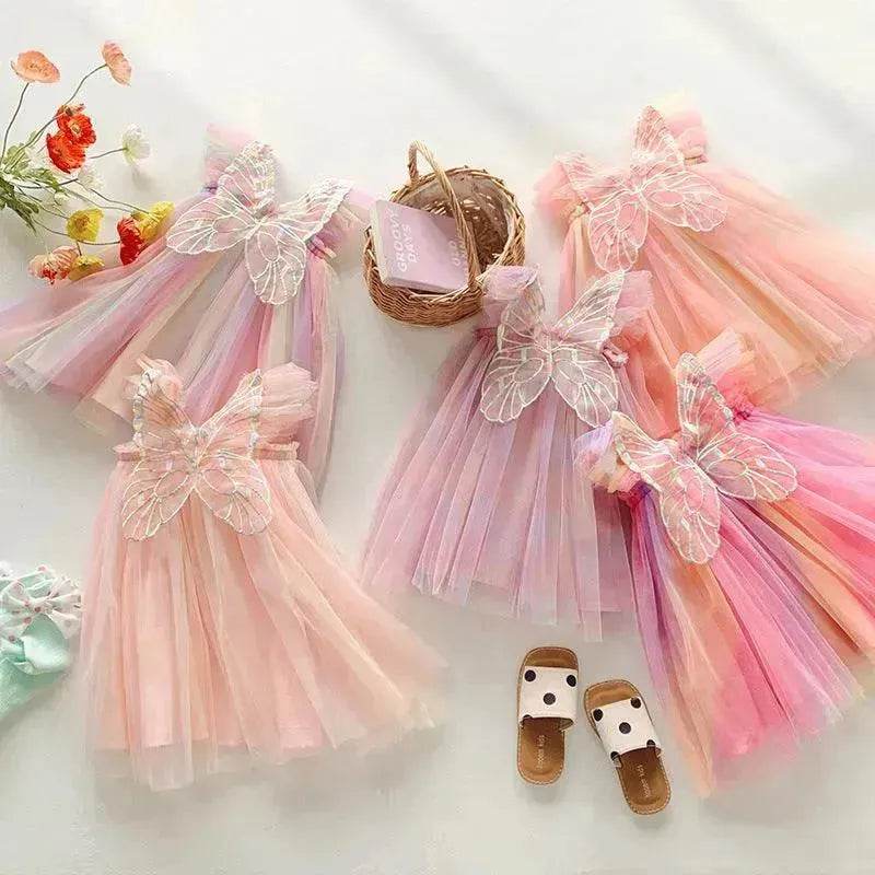 Rainbow Butterfly Wings Mesh Girl Dress - Velora
