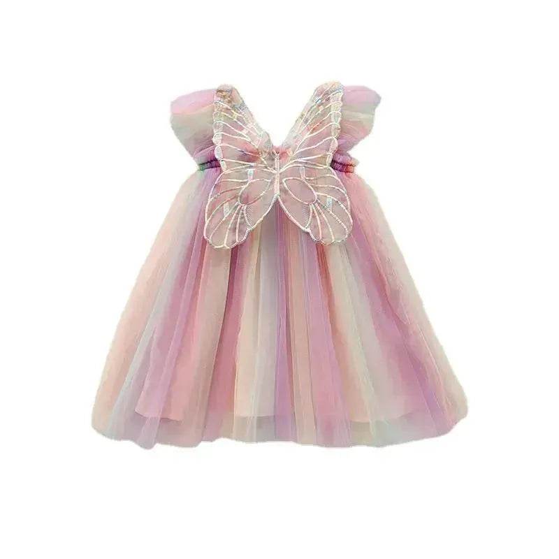Rainbow Butterfly Wings Mesh Girl Dress - Velora