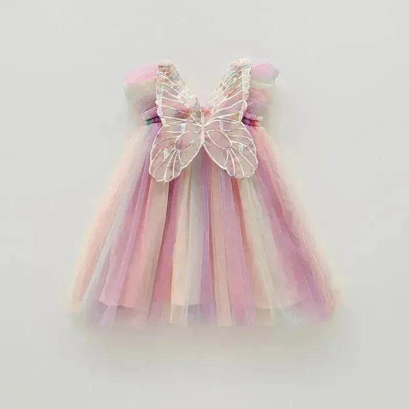 Rainbow Butterfly Wings Mesh Girl Dress - Velora