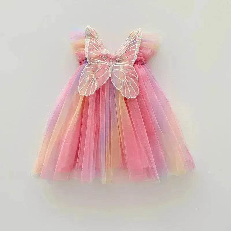 Rainbow Butterfly Wings Mesh Girl Dress - Velora