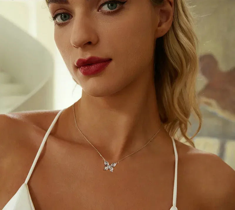 Romantic Elegance: Zircon White Gold Plated Rose Butterfly Sterling Silver Necklace Itz Luxury