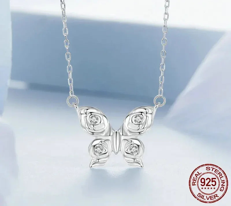 Romantic Elegance: Zircon White Gold Plated Rose Butterfly Sterling Silver Necklace Itz Luxury