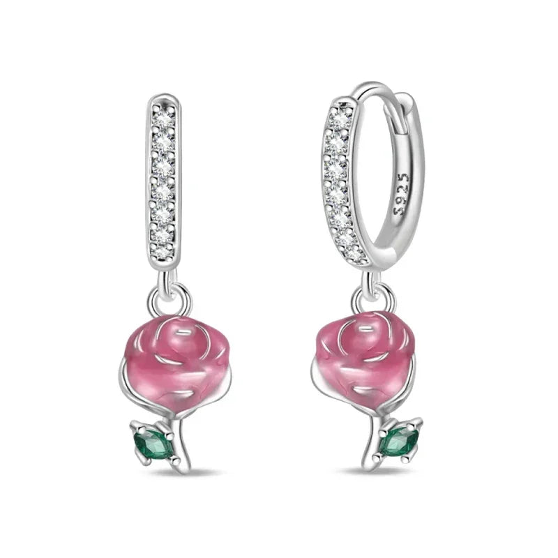 Romantic Rose Sterling Silver Hoop Earrings With Green Accents Itz Luxury