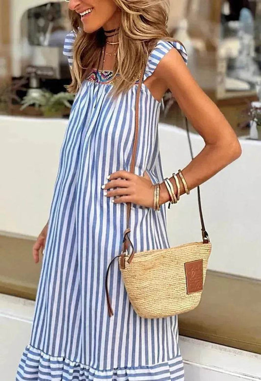 Square Collar Striped Lace-up Dress Mid-length Women