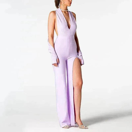 Summer Backless Halter V-neck Slimming Backless Slit Jumpsuit - Velora