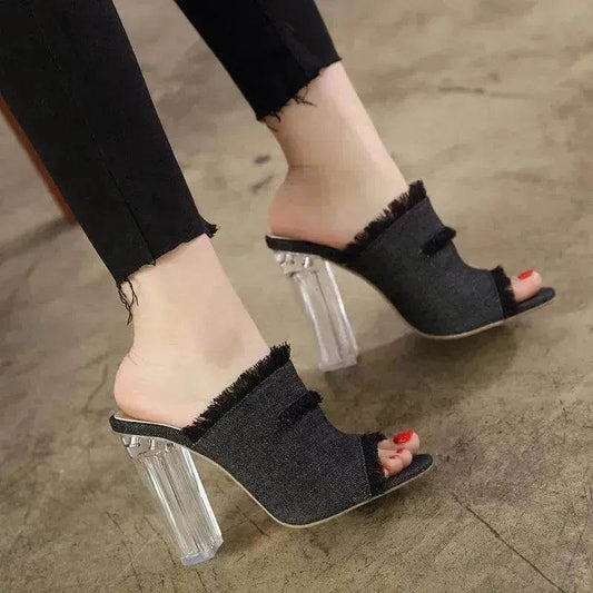 summer new jeans, high heels, fish mouth sandals, shoes, and toes with crystal high heels. - Velora