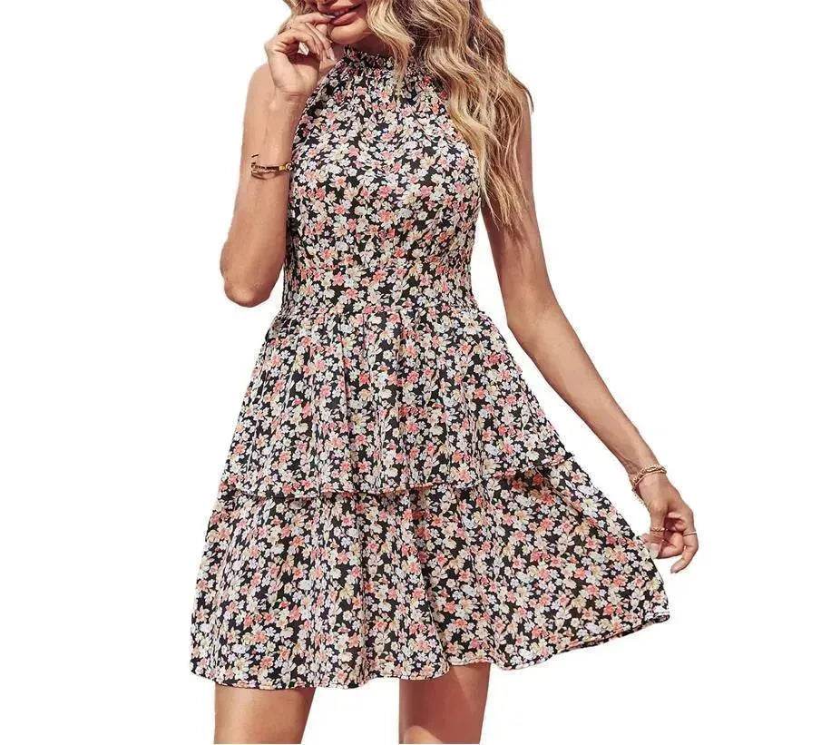 Summer Printed Halter Dress Fashion Boho Backless Ruffled A-Line Beach Dresses For Womens Clothing - Velora