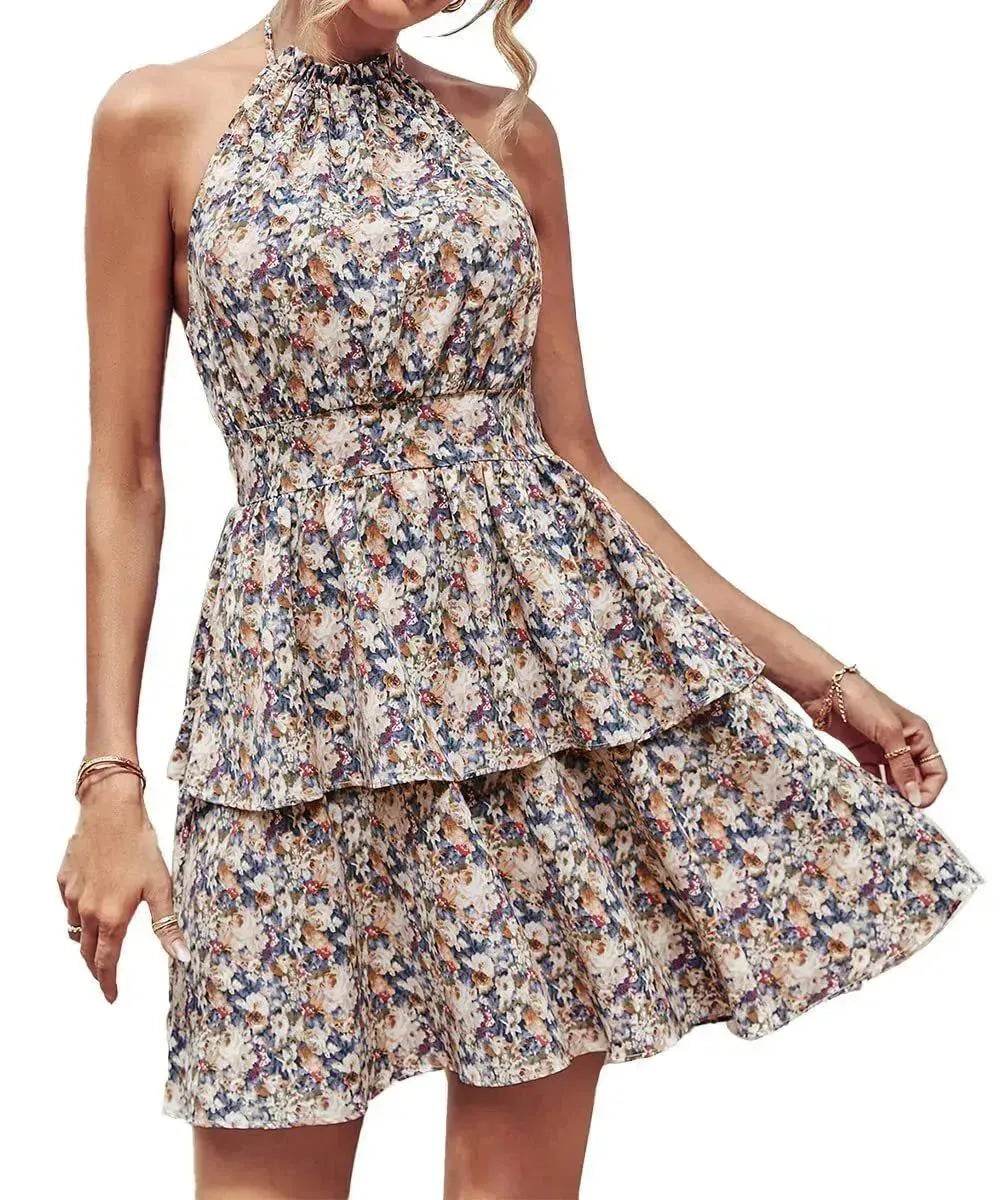 Summer Printed Halter Dress Fashion Boho Backless Ruffled A-Line Beach Dresses For Womens Clothing - Velora