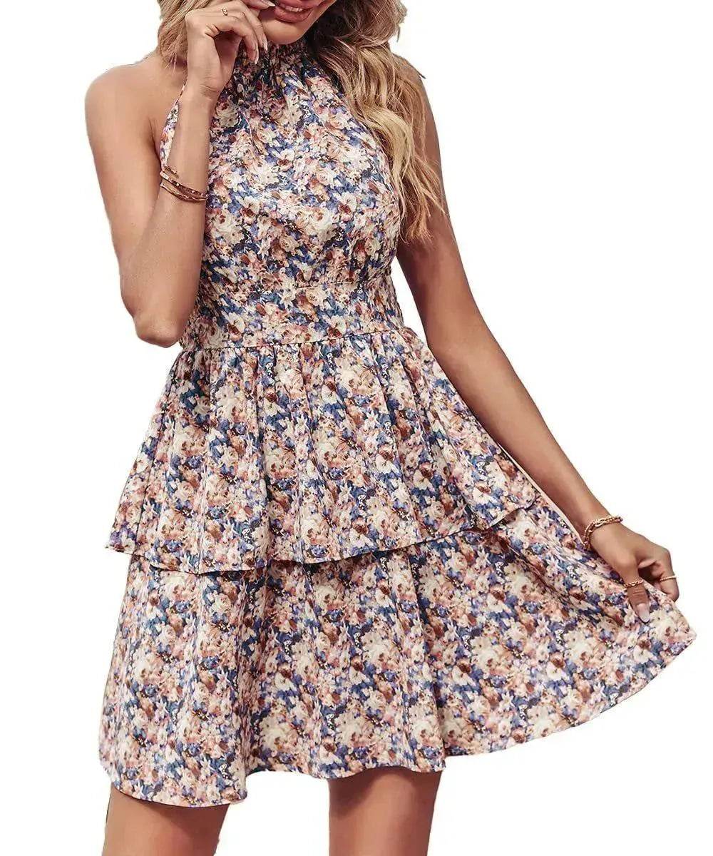 Summer Printed Halter Dress Fashion Boho Backless Ruffled A-Line Beach Dresses For Womens Clothing - Velora