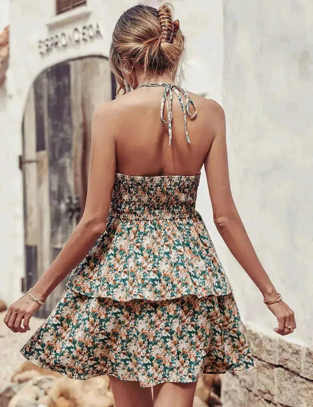 Summer Printed Halter Dress Fashion Boho Backless Ruffled A-Line Beach Dresses For Womens Clothing - Velora