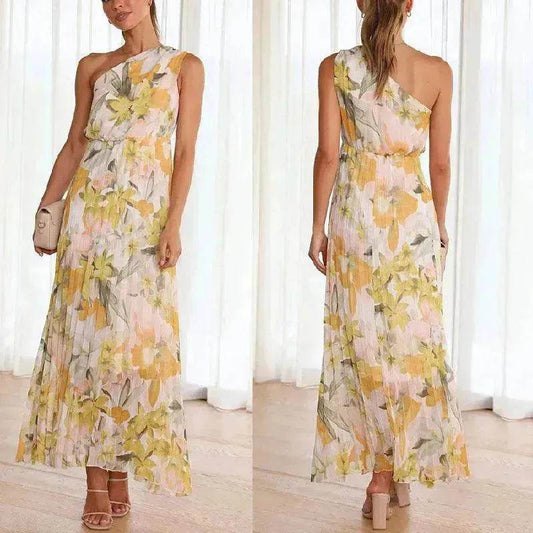 Summer Printed Oblique Shoulder Elastic Waist Vacation Floral Sleeveless Midi Dress - Velora