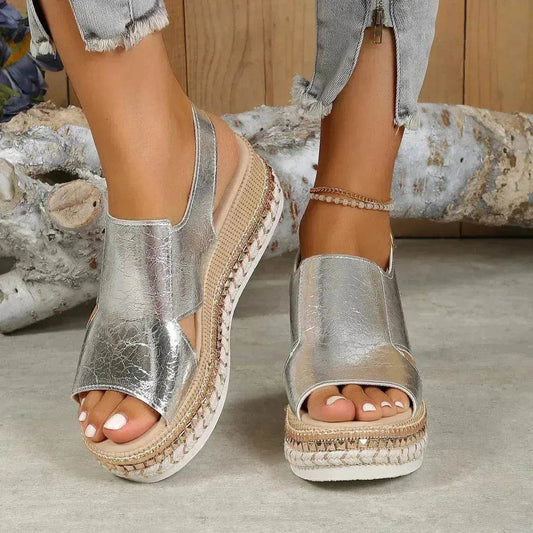 Summer Shiny Sandals Hollow Design Fish Mouth Sandal For Women Fashion Buckle Wedges Sandals - Velora