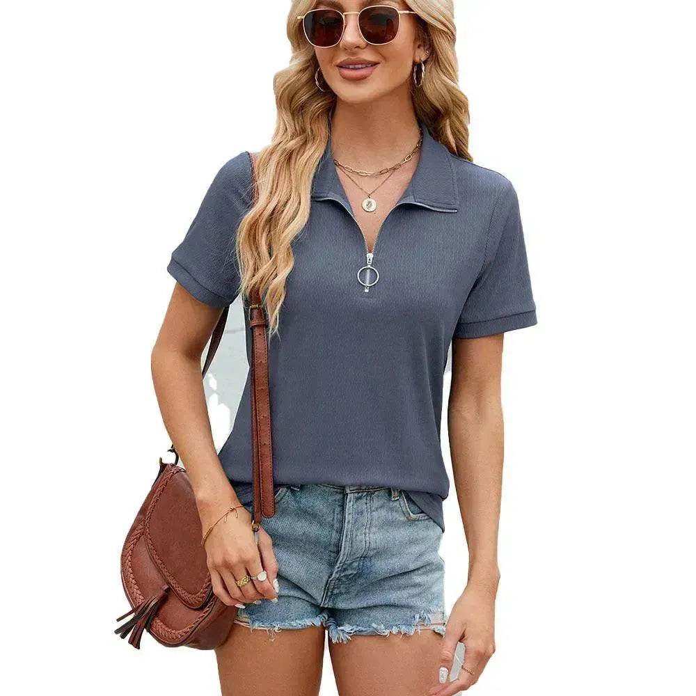 Summer Short Sleeve T-shirt Casual Loose Solid Color Zipper And Lapel Top For Women - Velora
