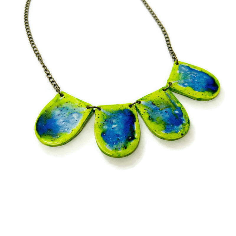 Fluid Art Statement Earrings in Lime Green & Blue - Velora Luxury Fashion