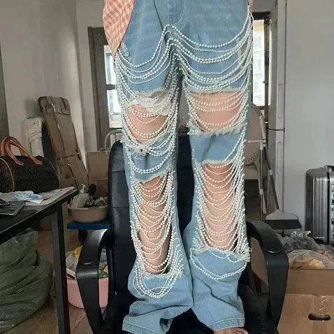 Women Creative Casual Ripped Denim Jeans Straight Leg Pant Trouser