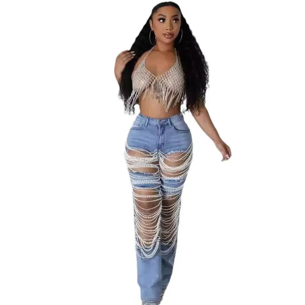 Women Creative Casual Ripped Denim Jeans Straight Leg Pant Trouser