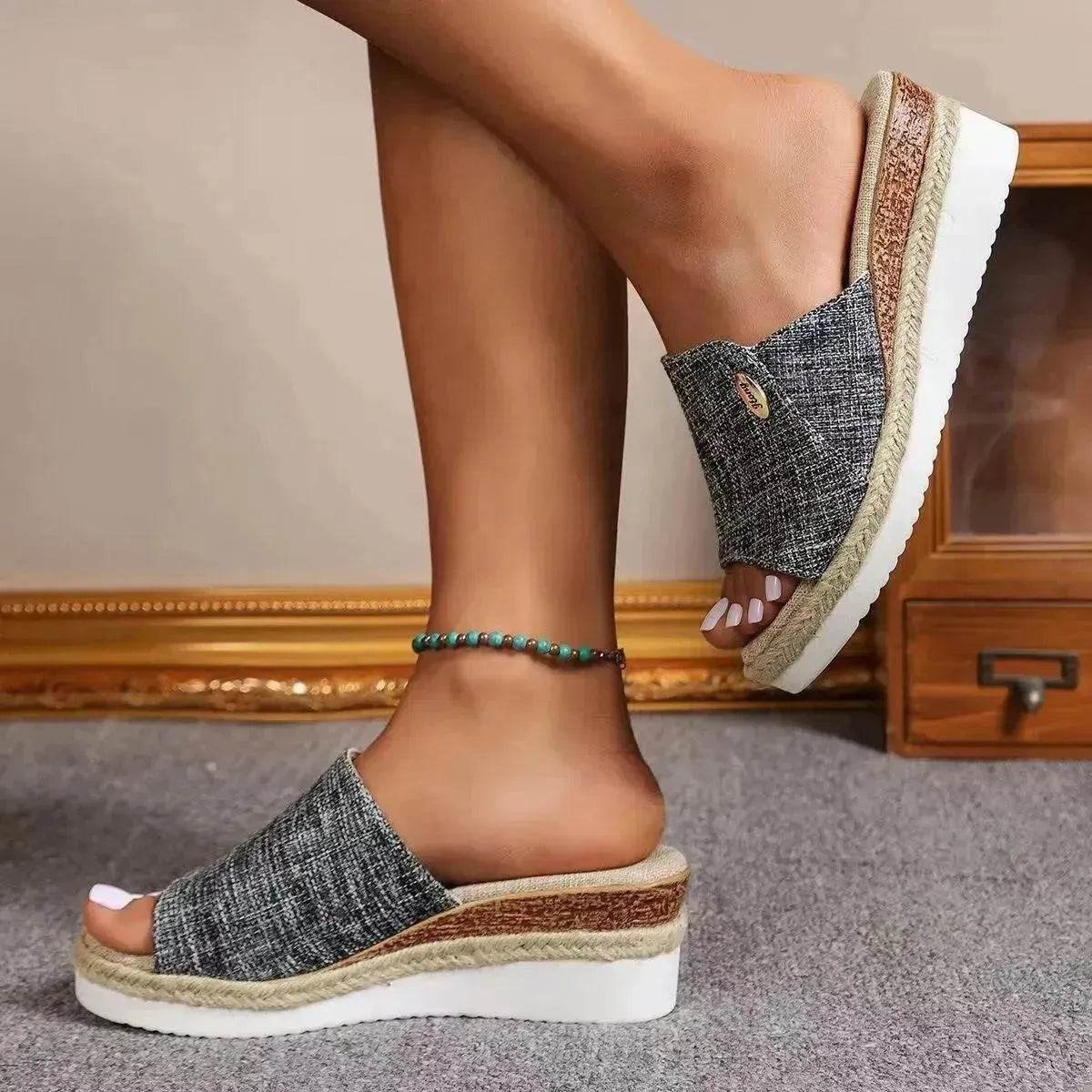 Women Fashionable Denim Canvas Summer Outdoor Hemp High Heel Slippers - Velora