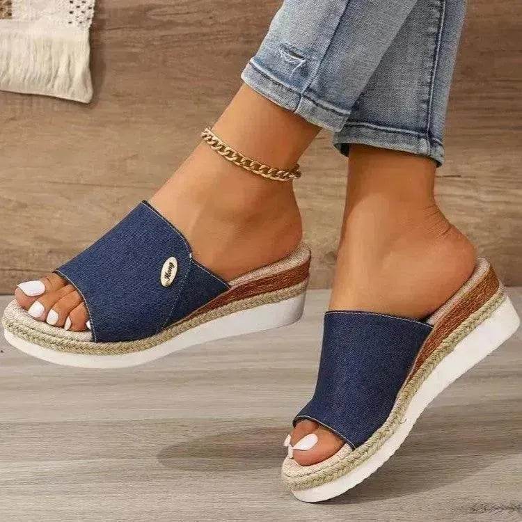 Women Fashionable Denim Canvas Summer Outdoor Hemp High Heel Slippers - Velora