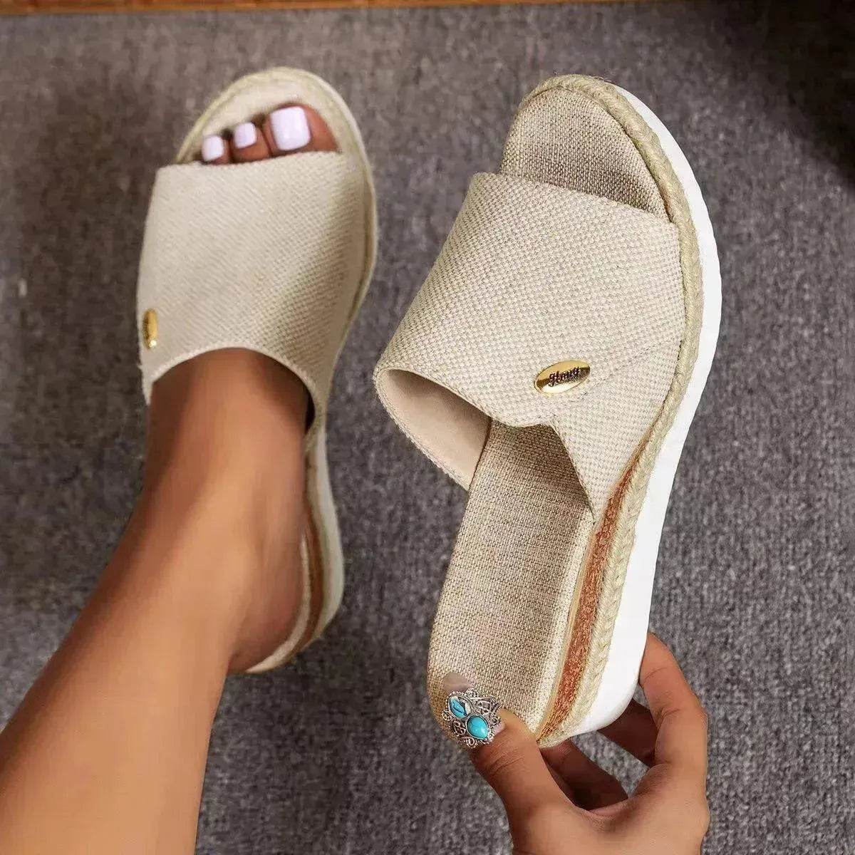 Women Fashionable Denim Canvas Summer Outdoor Hemp High Heel Slippers - Velora