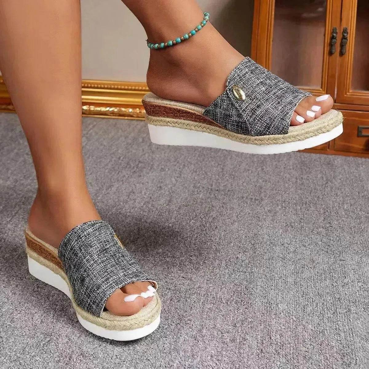 Women Fashionable Denim Canvas Summer Outdoor Hemp High Heel Slippers - Velora