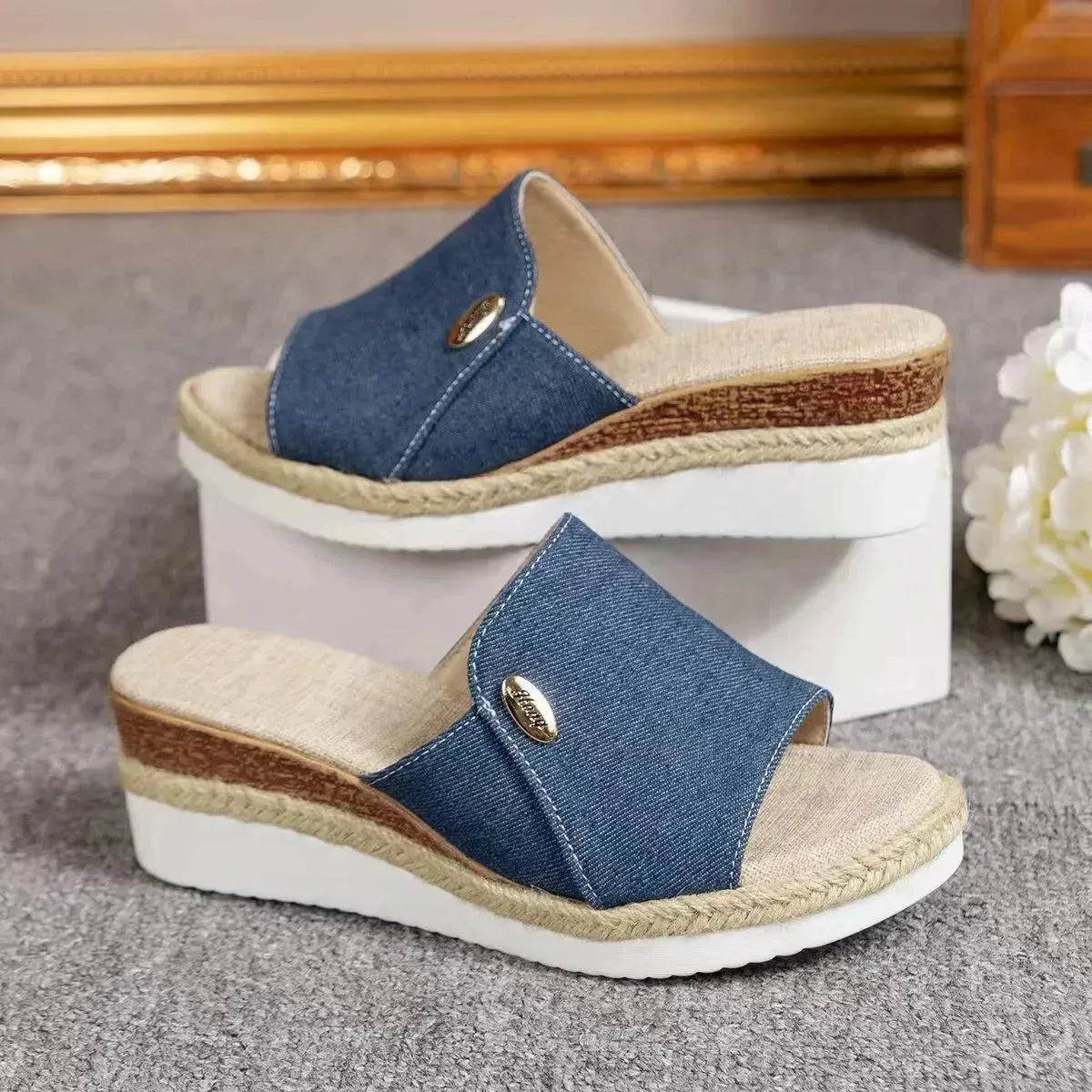 Women Fashionable Denim Canvas Summer Outdoor Hemp High Heel Slippers - Velora