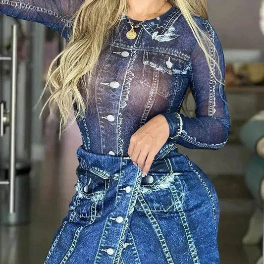 Women's Denim-like Printed Long-sleeved Jumpsuit - Velora