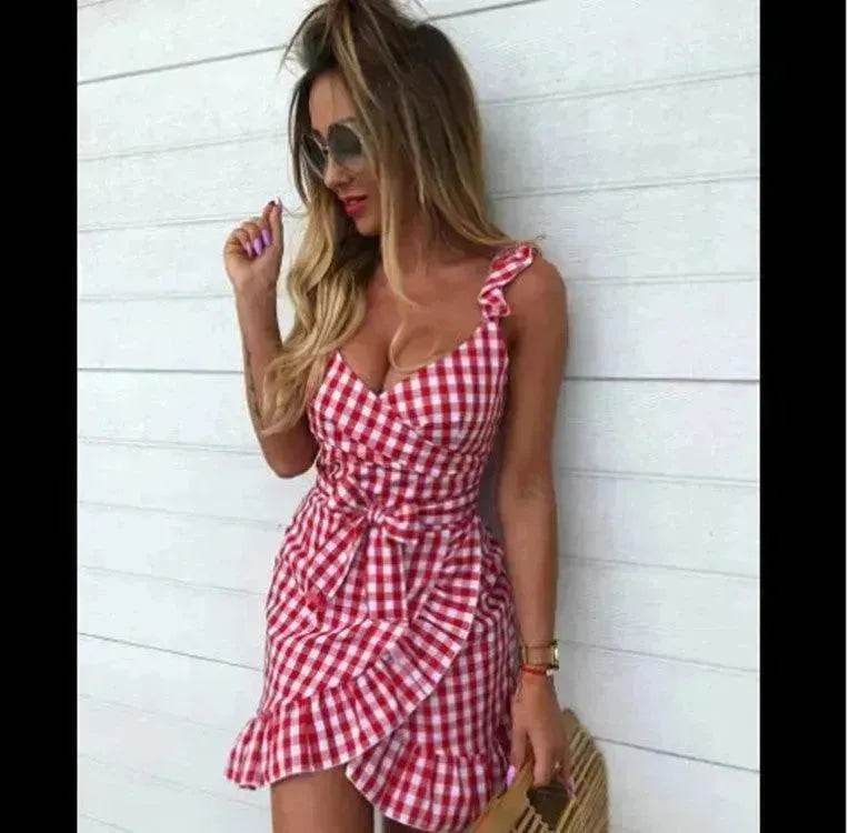 Women's Fashion Personality Summer Sleeveless Plaid Drawstring Casual Mini Dress - Velora