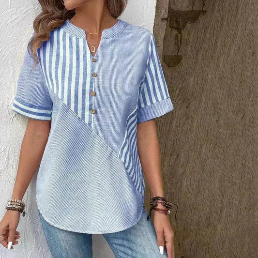 Women's Fashion V-neck Asymmetric Stripes Patchwork Top - Velora