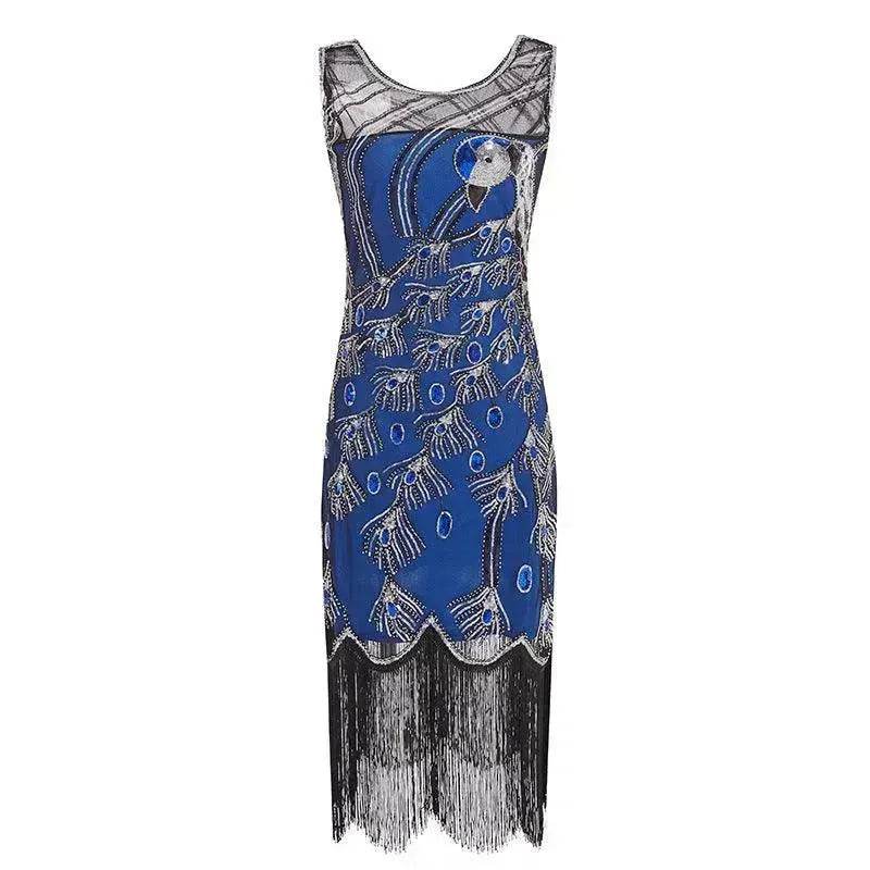 Women's Sequined Mesh Sleeveless Peacock Dress - Velora