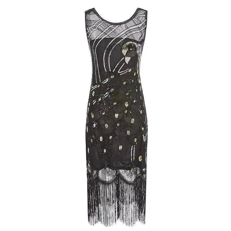 Women's Sequined Mesh Sleeveless Peacock Dress - Velora