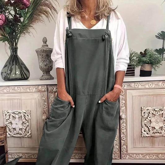 Women's Solid Color Casual Pocket Lace-up Adjustable Jumpsuit - Velora