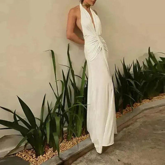 Women Summer Backless Sleeveless Hanging Neck Pleated White Dress