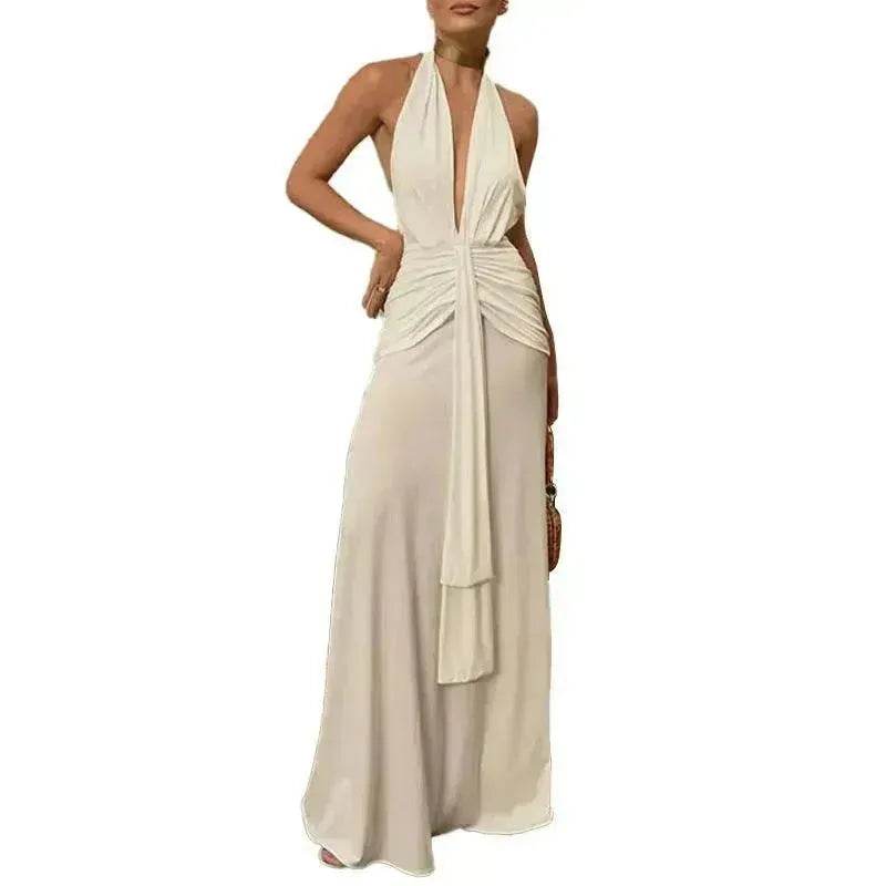 Women Summer Backless Sleeveless Hanging Neck Pleated White Dress