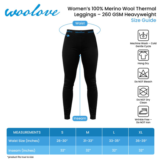 Women's 100% Merino Wool Thermal Long Underwear Base Layer Leggings 260 GSM - Heavyweight Woolove Apparel