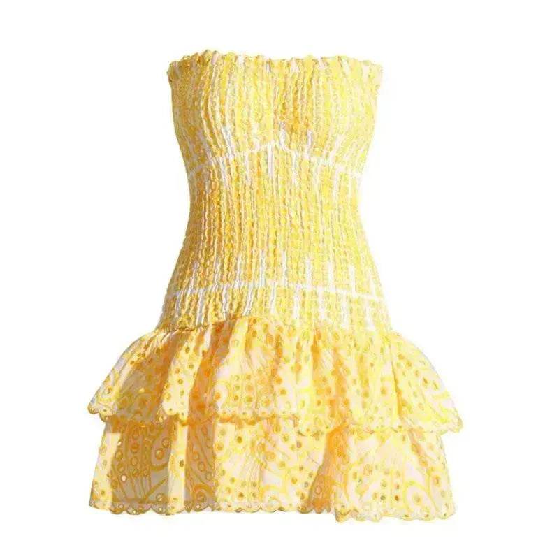 Wrapped Chest Embroidered Cotton Stretch Waist Shaping Ruffled Vacation Jumpsuit Skirt - Velora