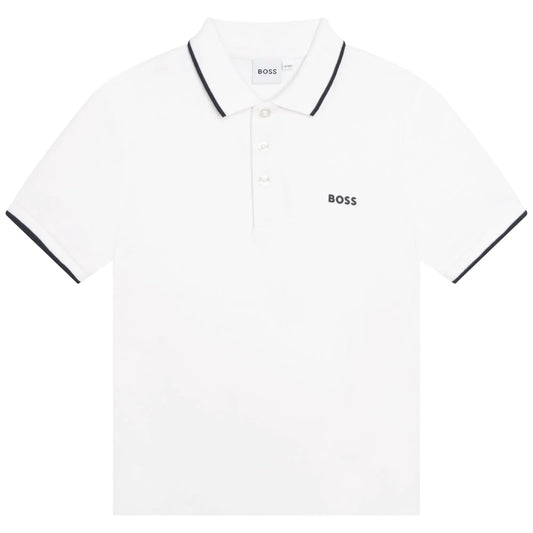 BOSS Youth White Knit Polo with Striped Collar, 14 Years