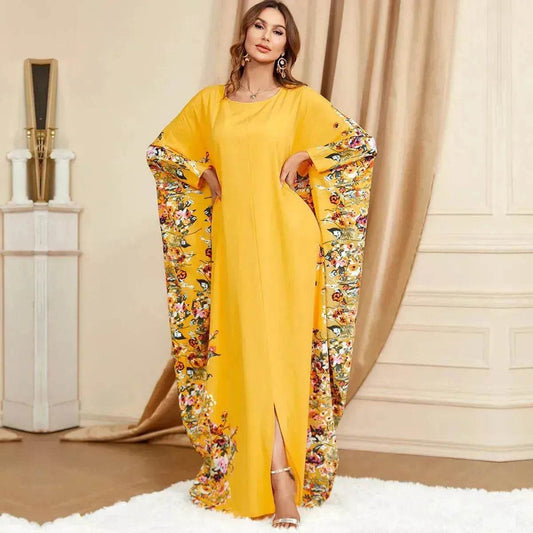 Yellow Bat Sleeve Plus Size Buba Abaya Middle East Women Dress - Velora