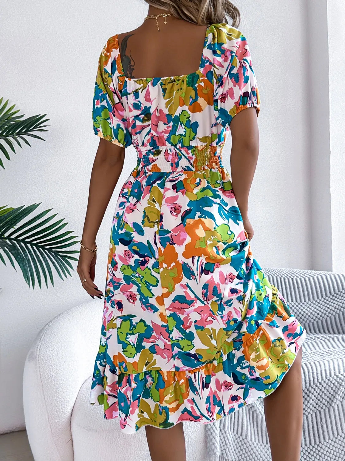 Ruffled Hem Smocked Floral Short Sleeve Midi Dress - Velora