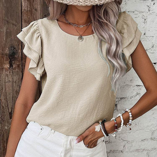 Summer Solid Color Petal Sleeve Pullover Women - Velora