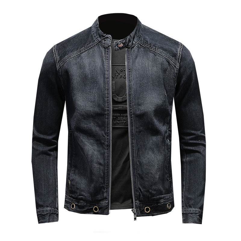 Men's Stand-up Collar Dark Blue Motorcycle Vintage Zipper Denim Coat - Velora